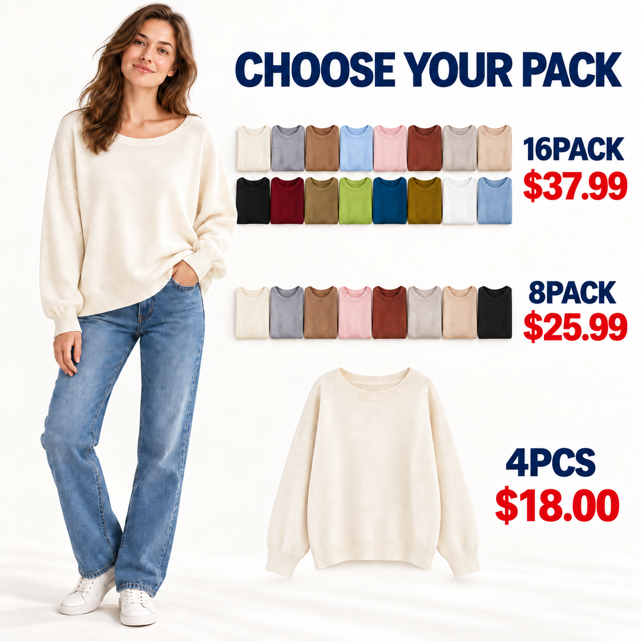 Women’s scoop-neck sweater 16PACK 8PACK and 4PCS package options