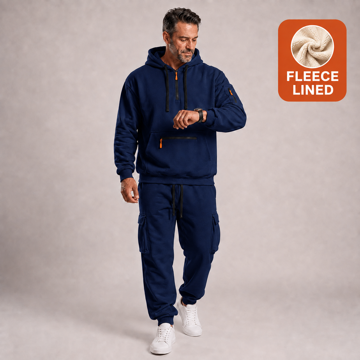 Navy Blue Fleece Lined men's hooded quarter-zip cargo jogger 2-piece set