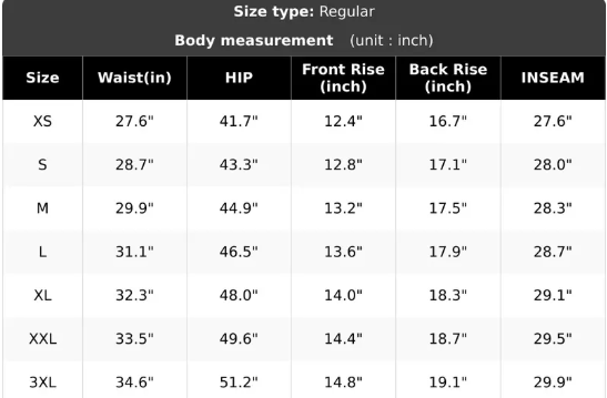Men's loose-fit cargo pants 26 size chart body measurements png