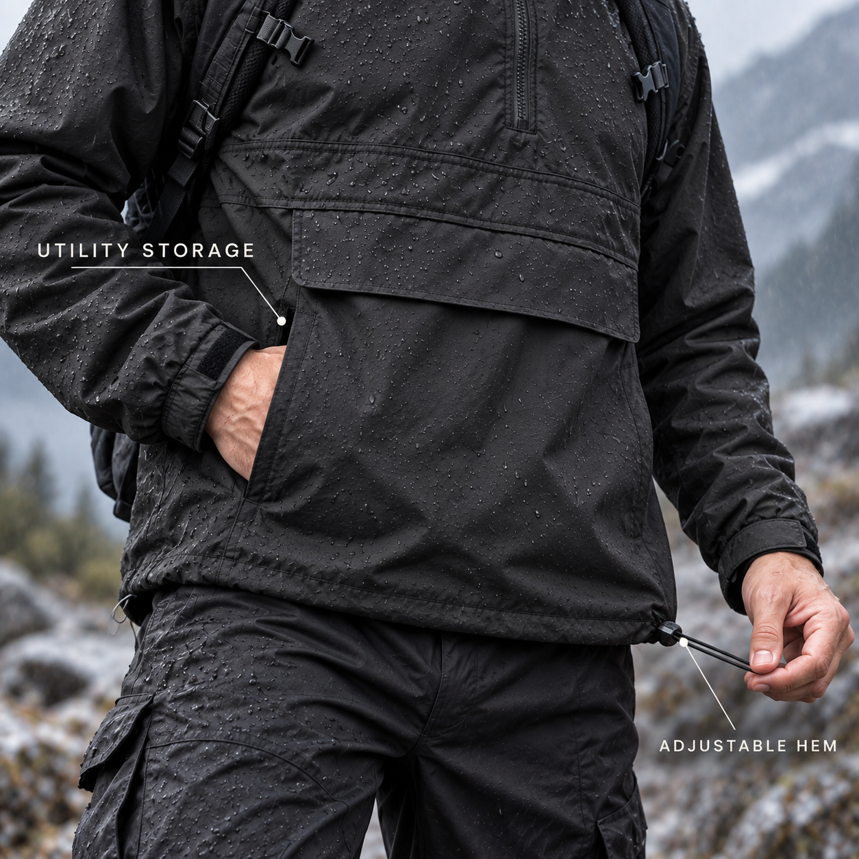 Utility pocket and adjustable drawcord hem detail