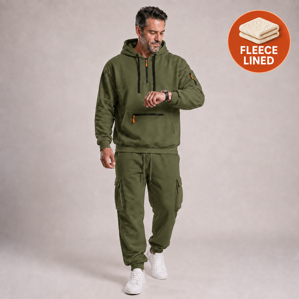 Army Green Fleece Lined men's hooded quarter-zip cargo jogger 2-piece set