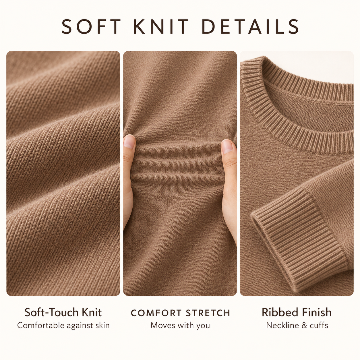 Soft-touch knit comfort stretch and ribbed finish detail guide