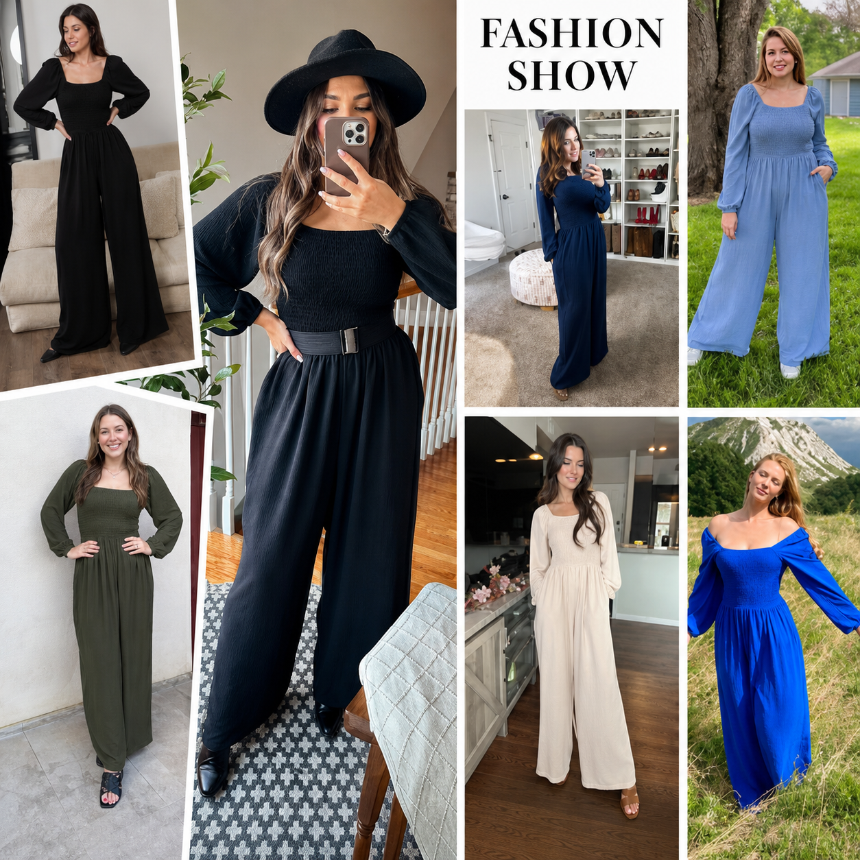 Women's Square-Neck Smocked Wide-Leg Jumpsuit Bundle
