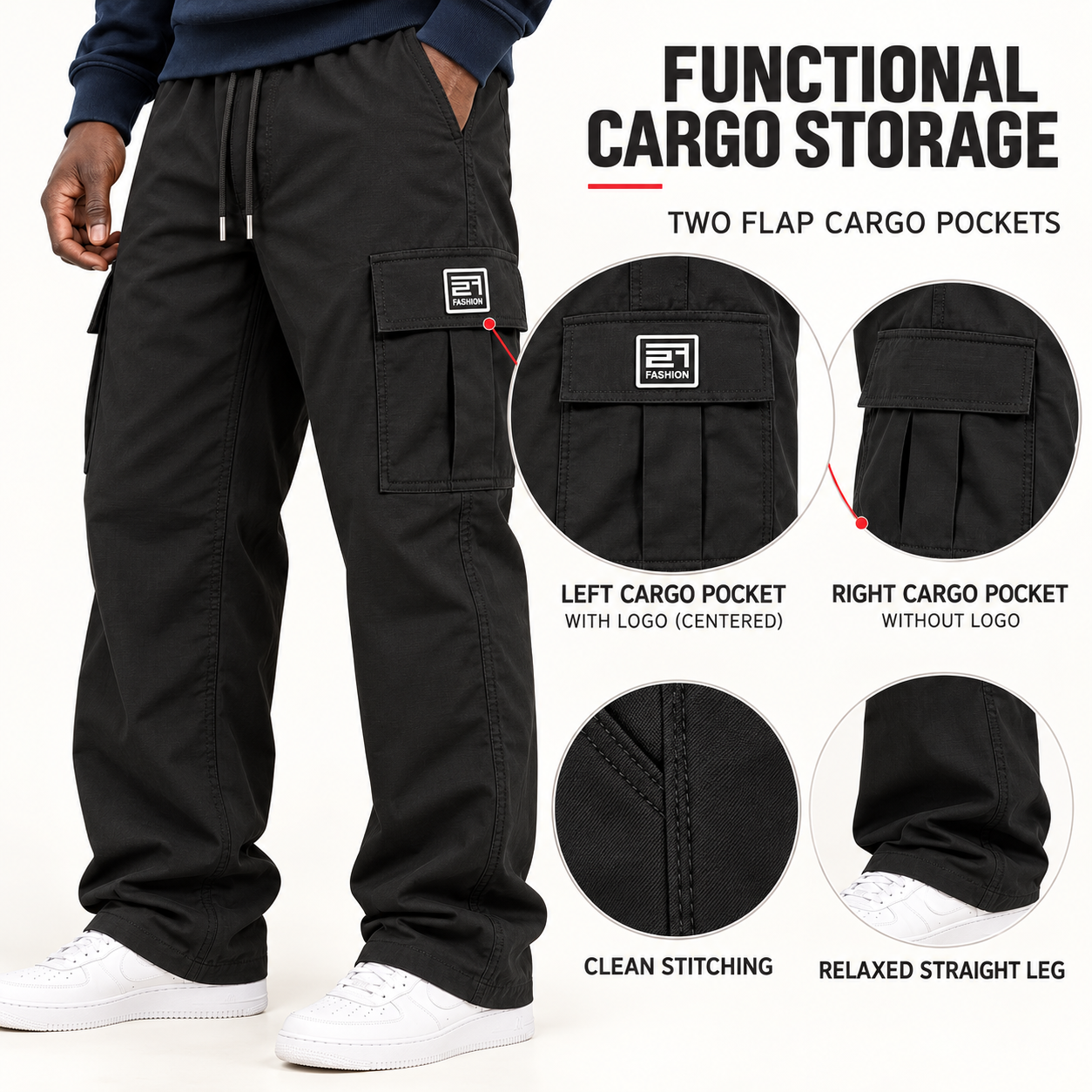 Men's loose-fit cargo pants 29 detail cargo pocket construction png