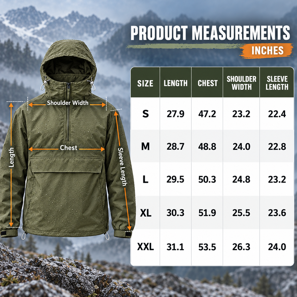 Men's utility jacket product measurements in inches