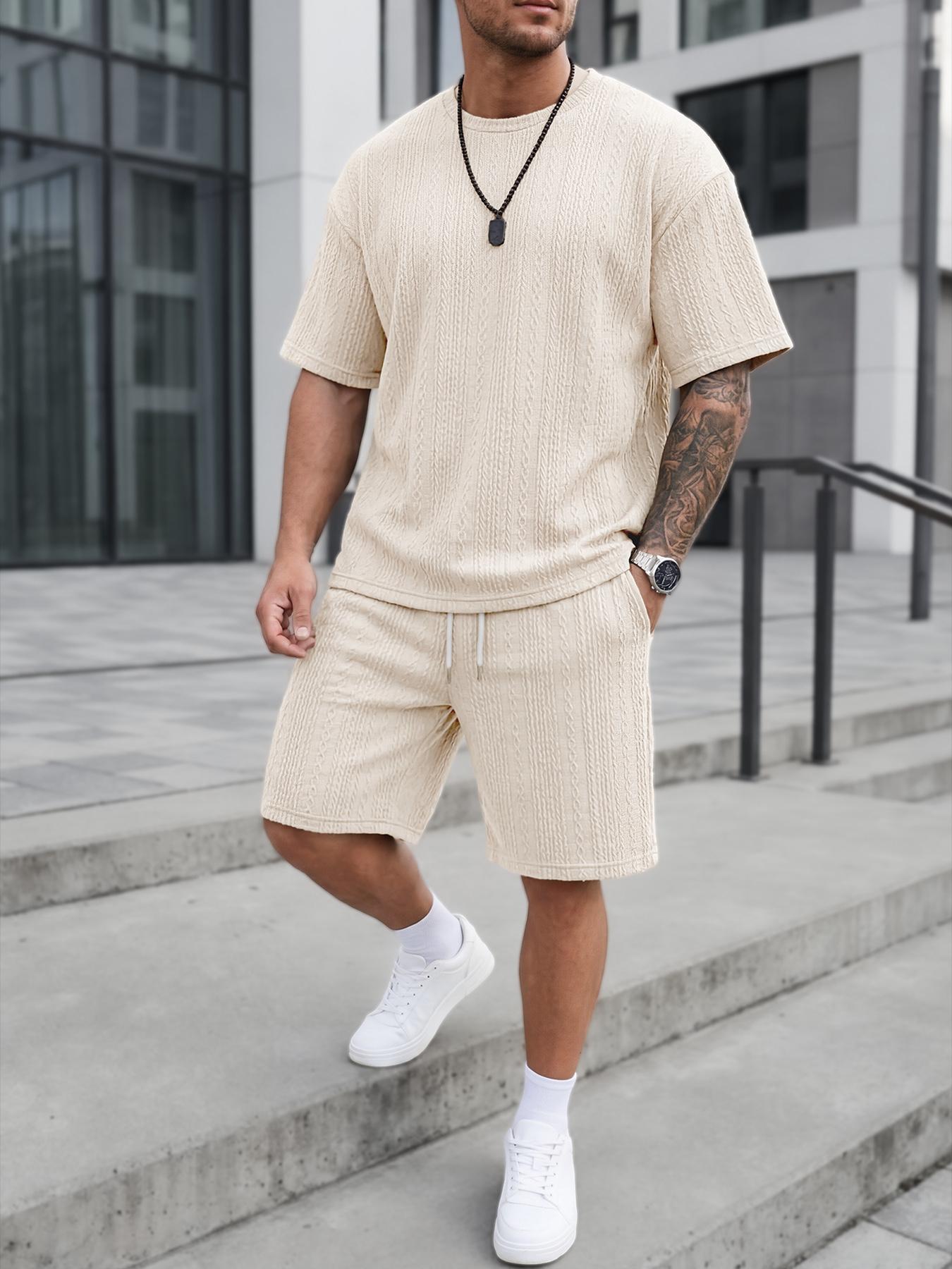 Men&rsquo;s Loose Fit 2-Piece Summer Set, Oversized Textured Tee with Relaxed Fit Drawstring Shorts