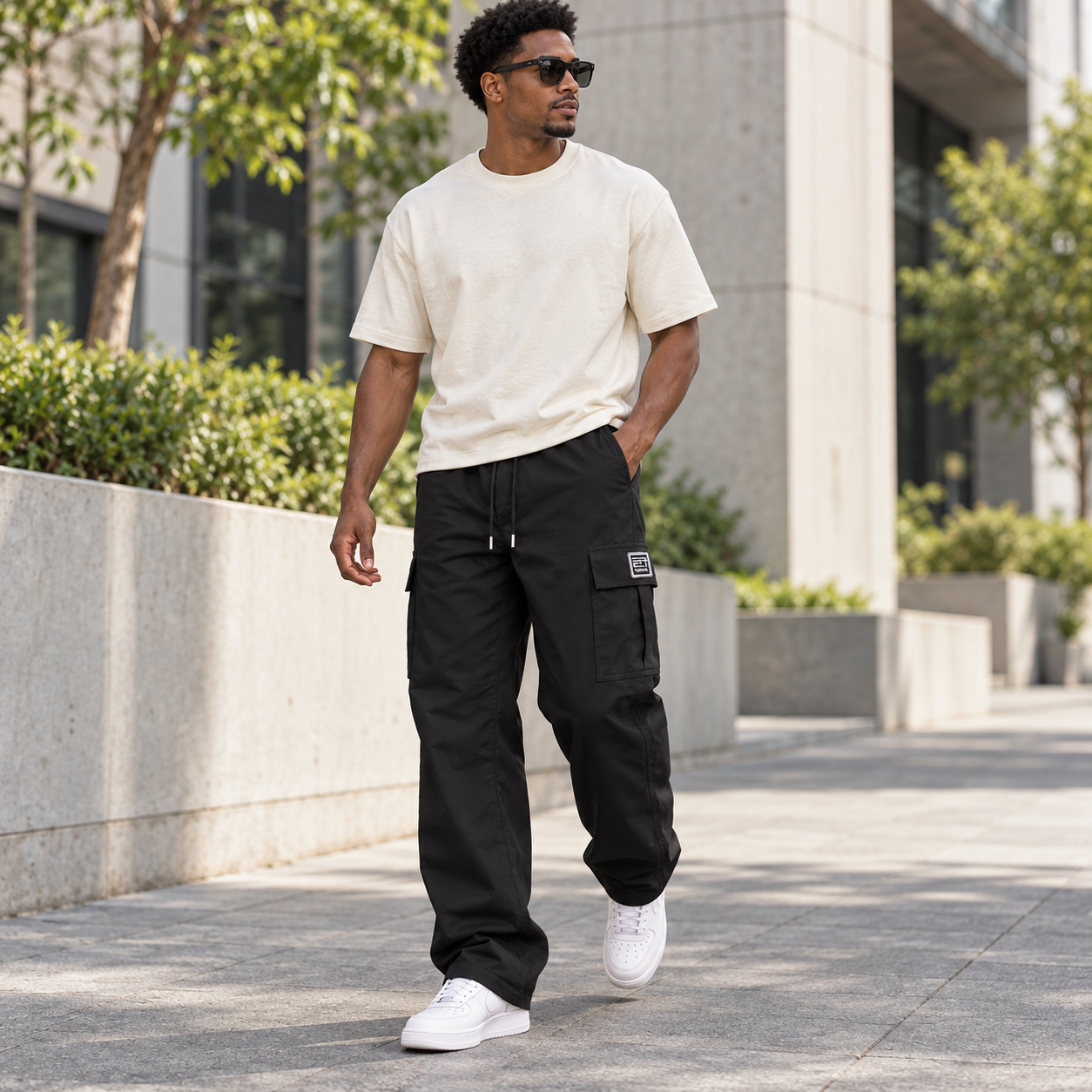 Men's loose-fit cargo pants 30 lifestyle urban walk png