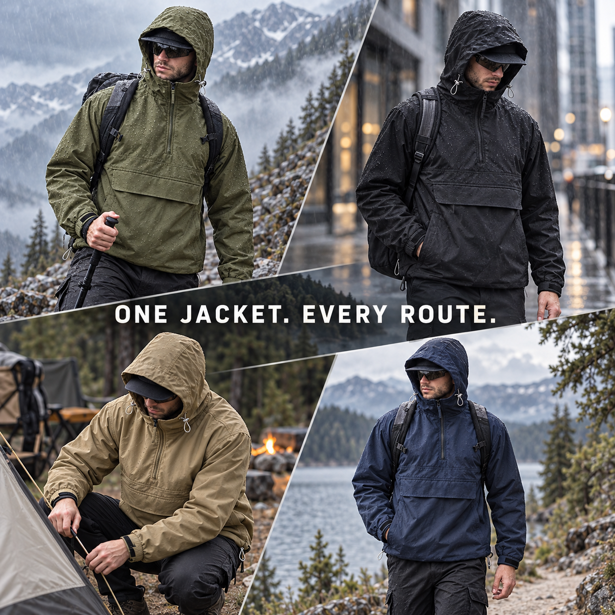 Men's utility jacket shown across hiking commute camping and trail scenes