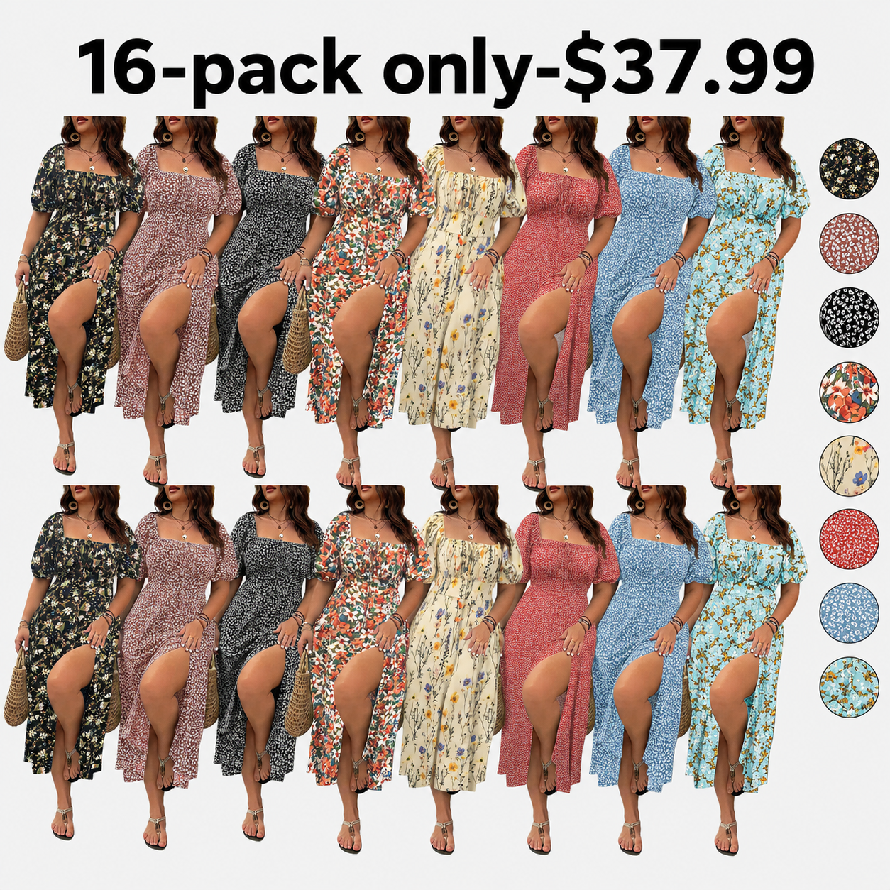 Women's floral square neck midi dress Mixed 16-Pack