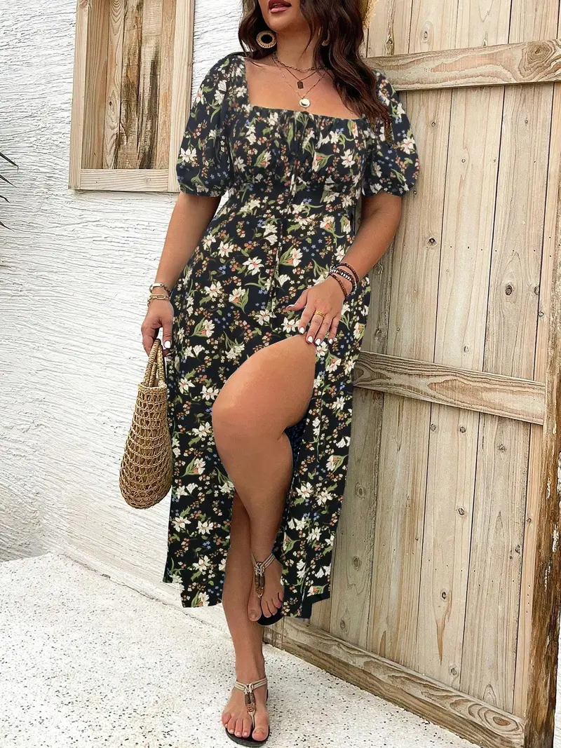 Eight adult women wearing floral square neck midi dresses
