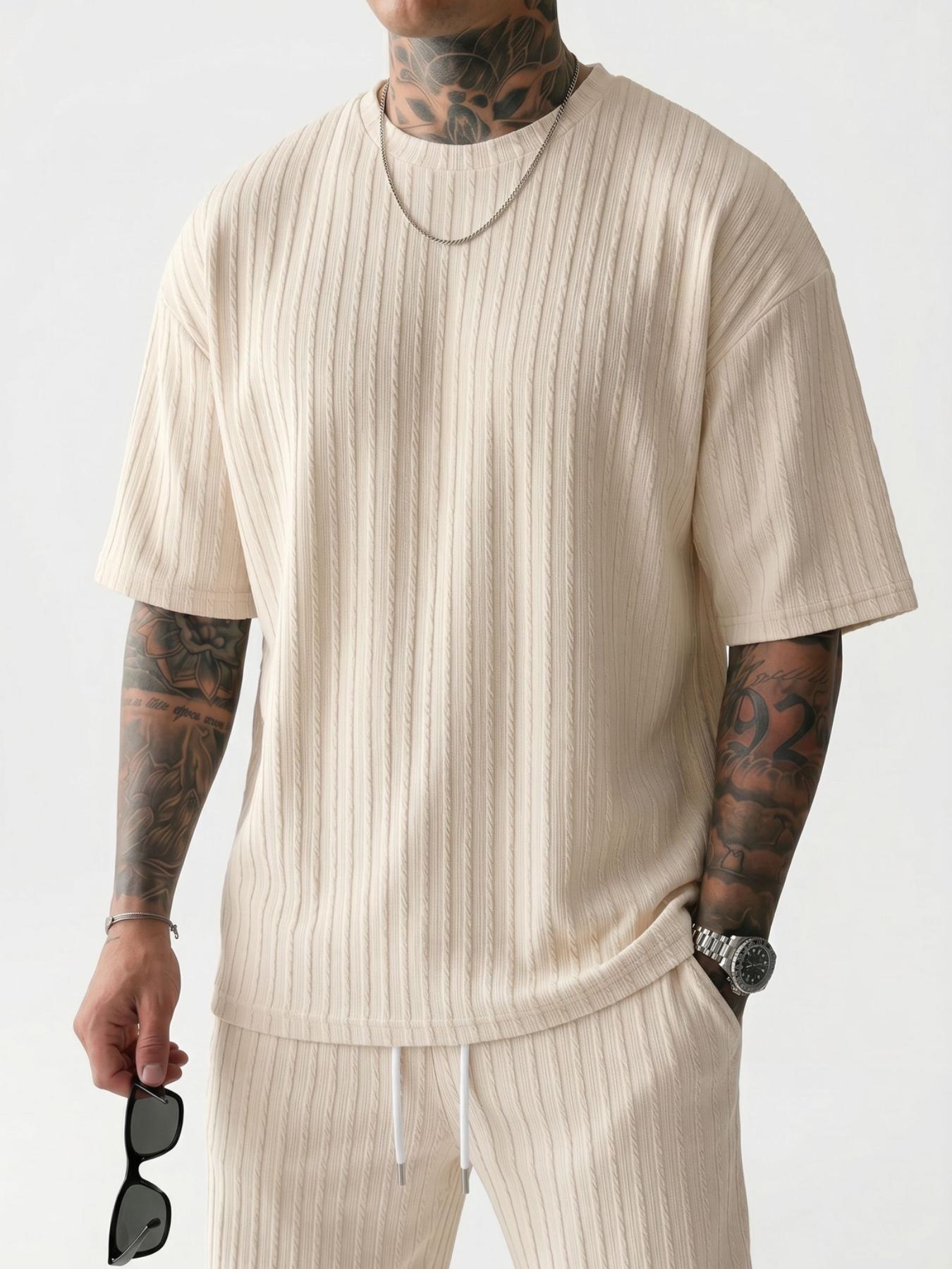 Men&rsquo;s Loose Fit 2-Piece Summer Set, Oversized Textured Tee with Relaxed Fit Drawstring Shorts