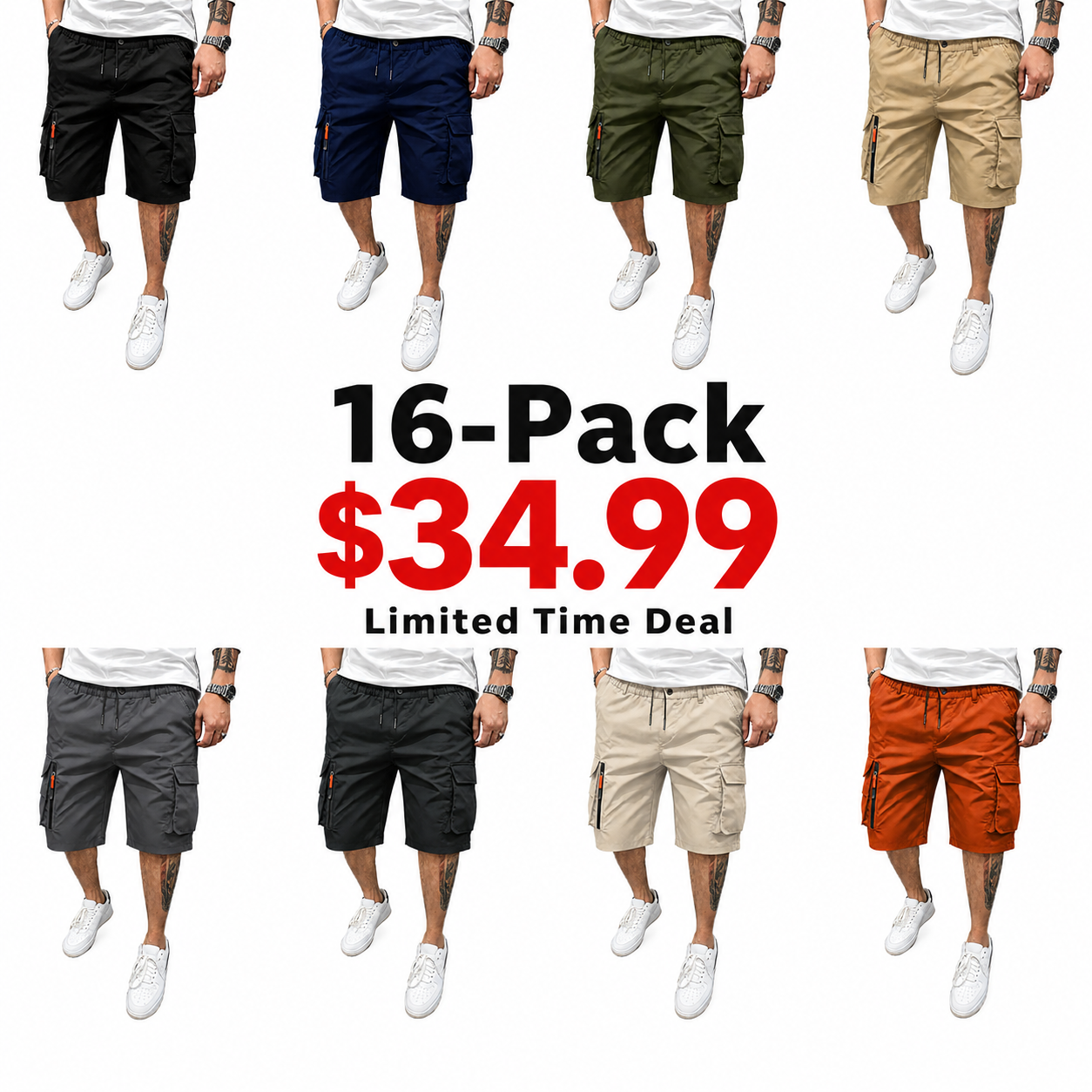Men's Athleisure Cargo Shorts (8-Pack) — Multi-pocket design, elastic drawstring waistband, decorative faux fly; suitable for outdoor hiking, daily running, and commuting.