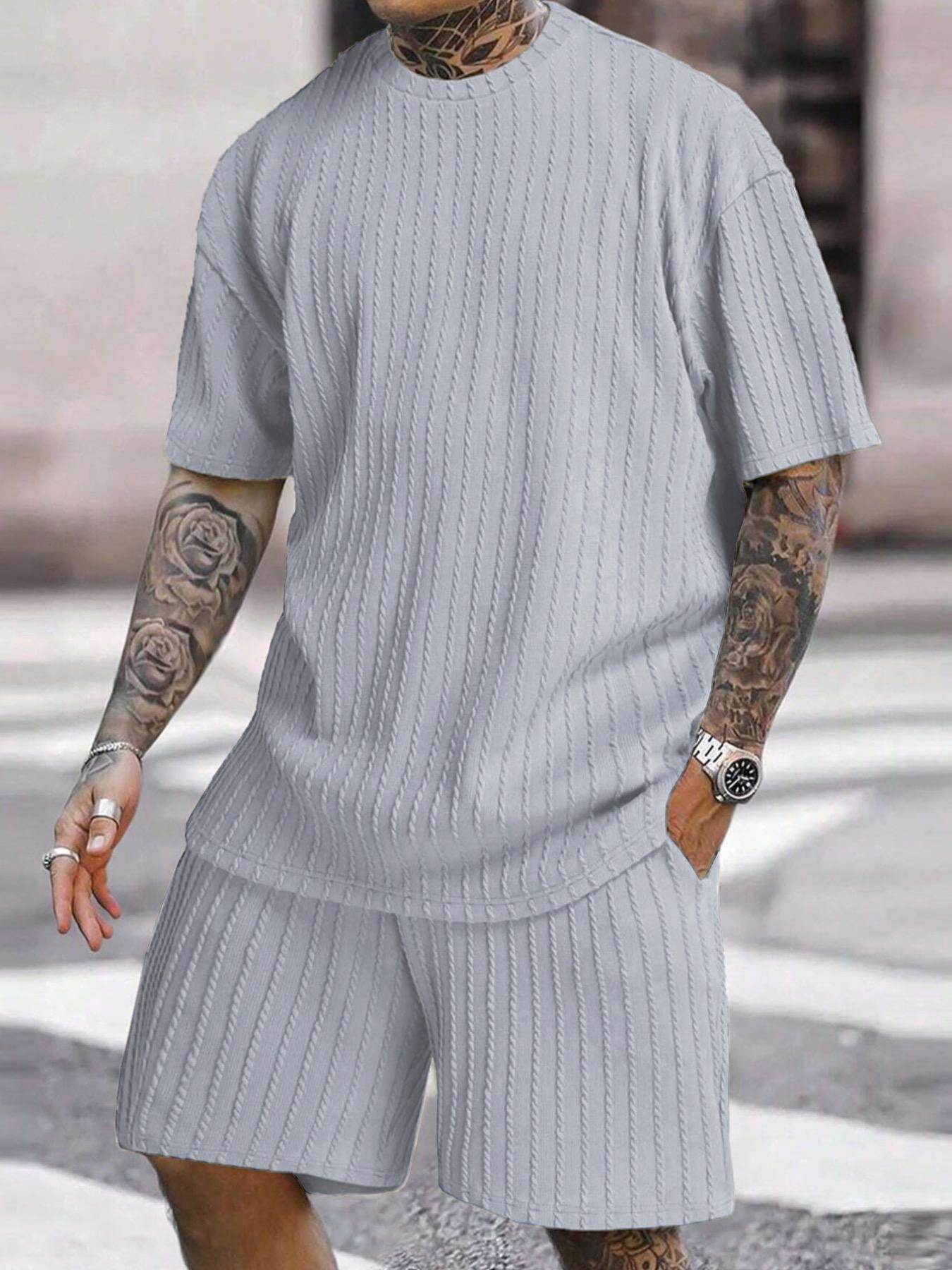 Men&rsquo;s Loose Fit 2-Piece Summer Set, Oversized Textured Tee with Relaxed Fit Drawstring Shorts