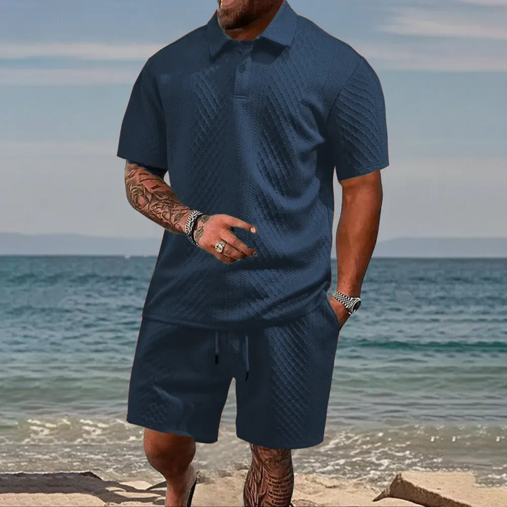 ⚡FINAL SALE⚡Men's Solid Polo Shirt & Drawstring Waist Shorts Set
