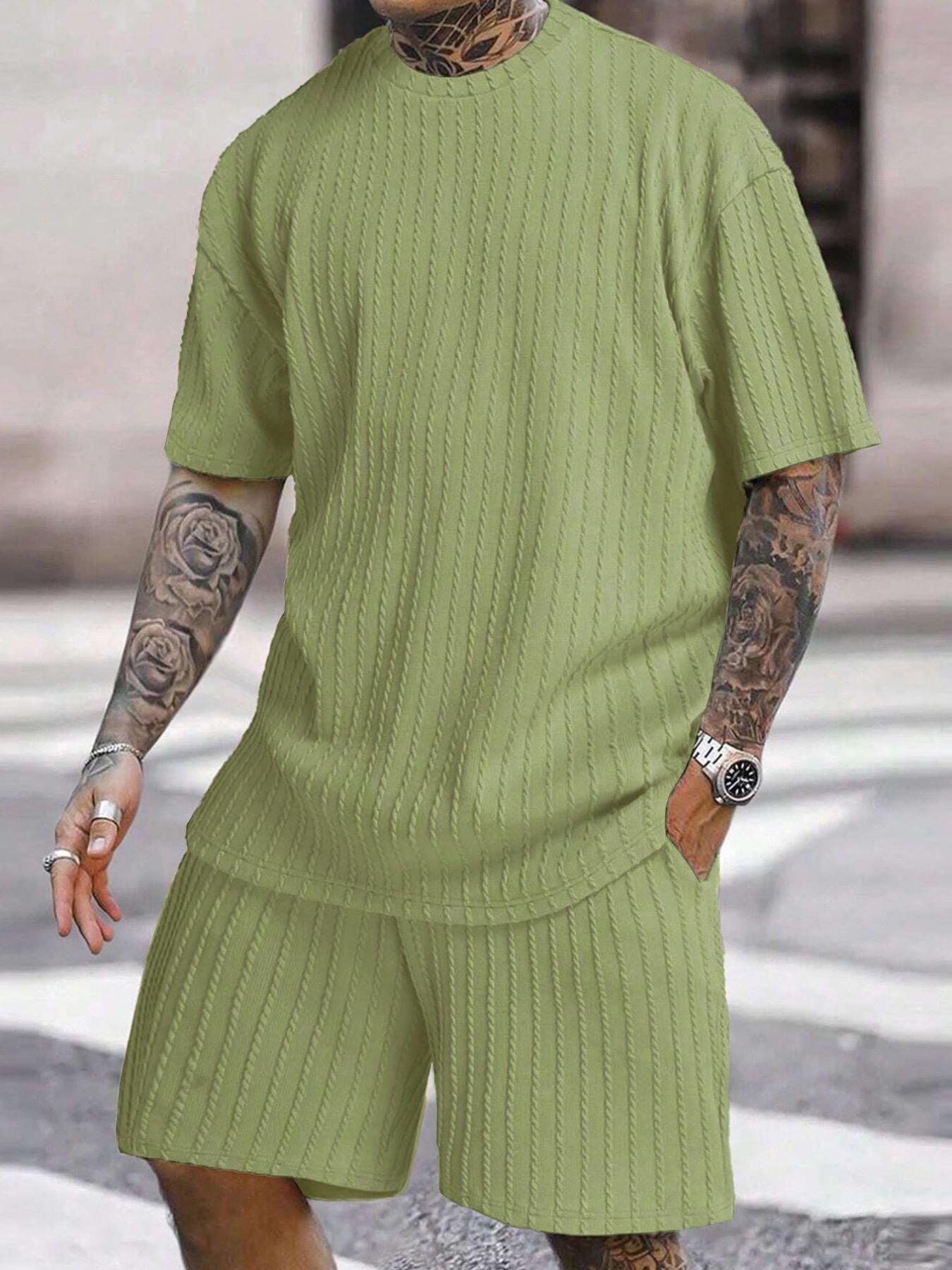 Men&rsquo;s Loose Fit 2-Piece Summer Set, Oversized Textured Tee with Relaxed Fit Drawstring Shorts