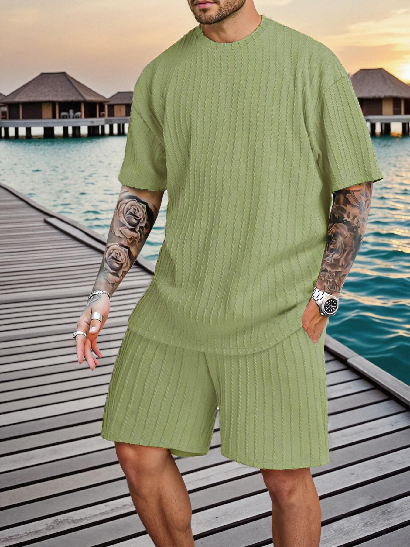 Men&rsquo;s Loose Fit 2-Piece Summer Set, Oversized Textured Tee with Relaxed Fit Drawstring Shorts