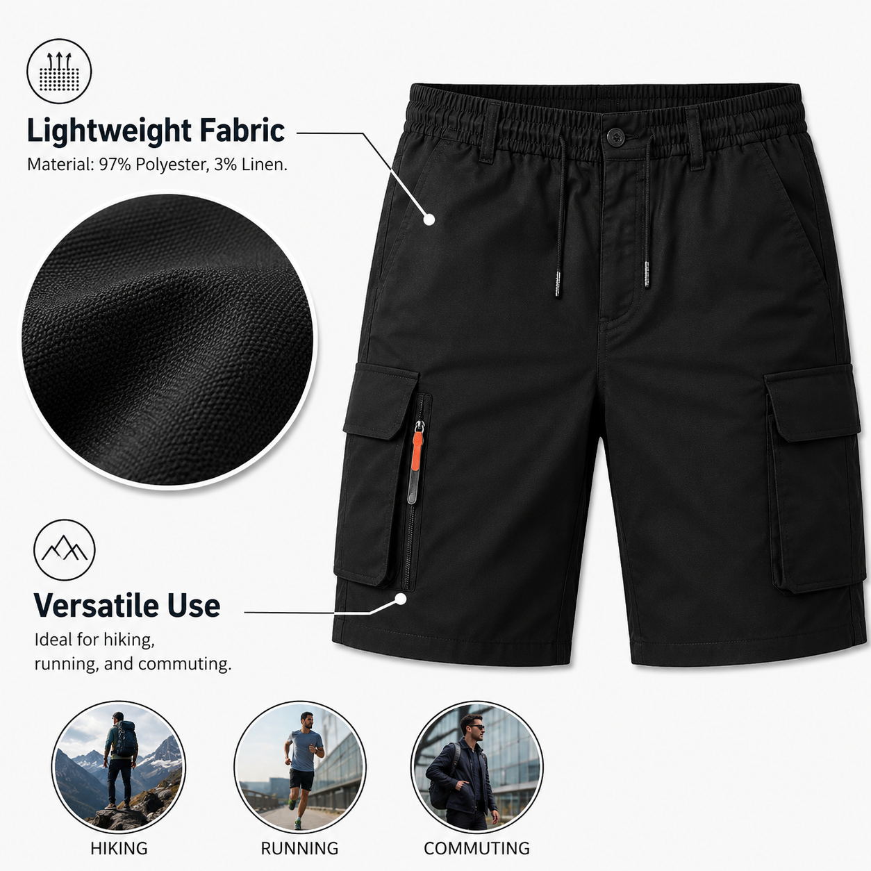 Men's Athleisure Cargo Shorts (8-Pack) — Multi-pocket design, elastic drawstring waistband, decorative faux fly; suitable for outdoor hiking, daily running, and commuting.