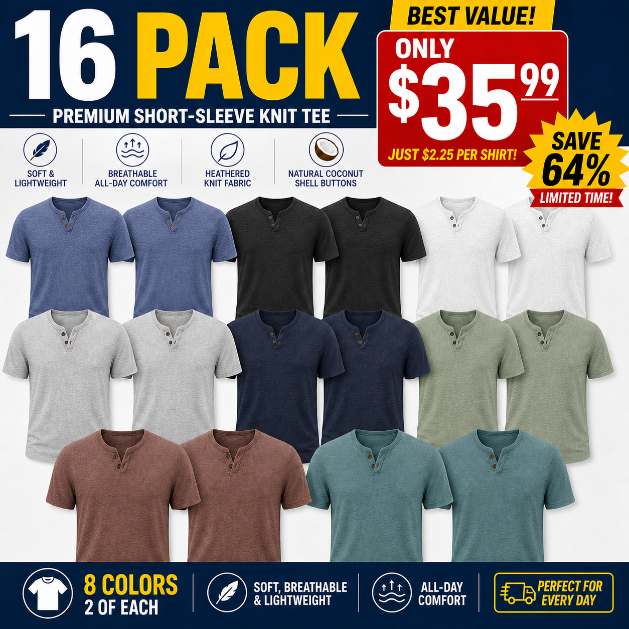 Limited Deal 8-Pack Men's Heathered Raw-Edge Double-Button V-Neck T-Shirts