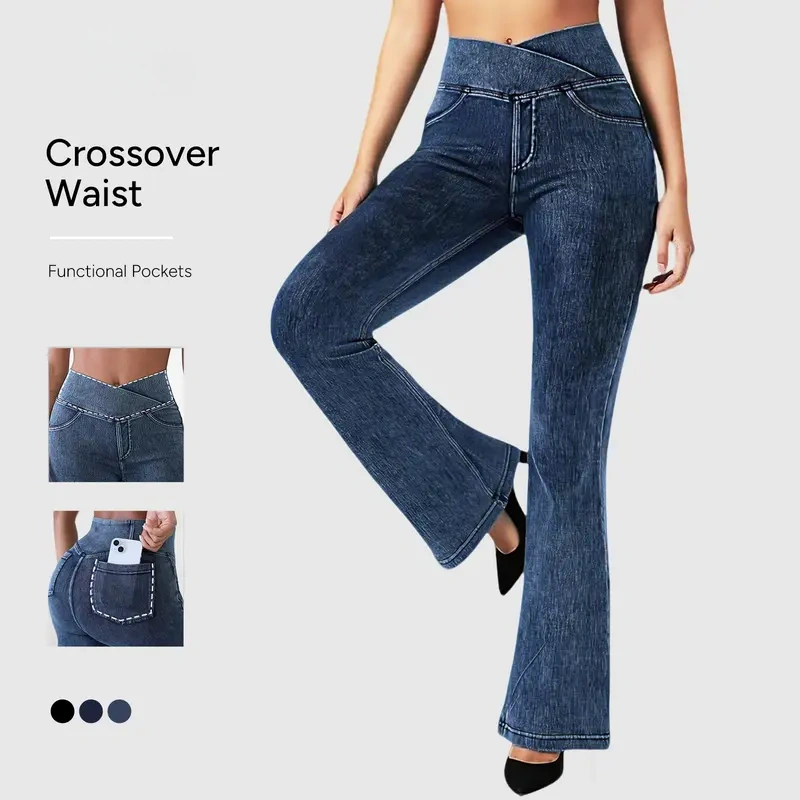 ⚡FINAL SALE⚡Women's High-Waisted Stretch Jeans with Crossover Design — Slim-Fit Flared Denim Leggings