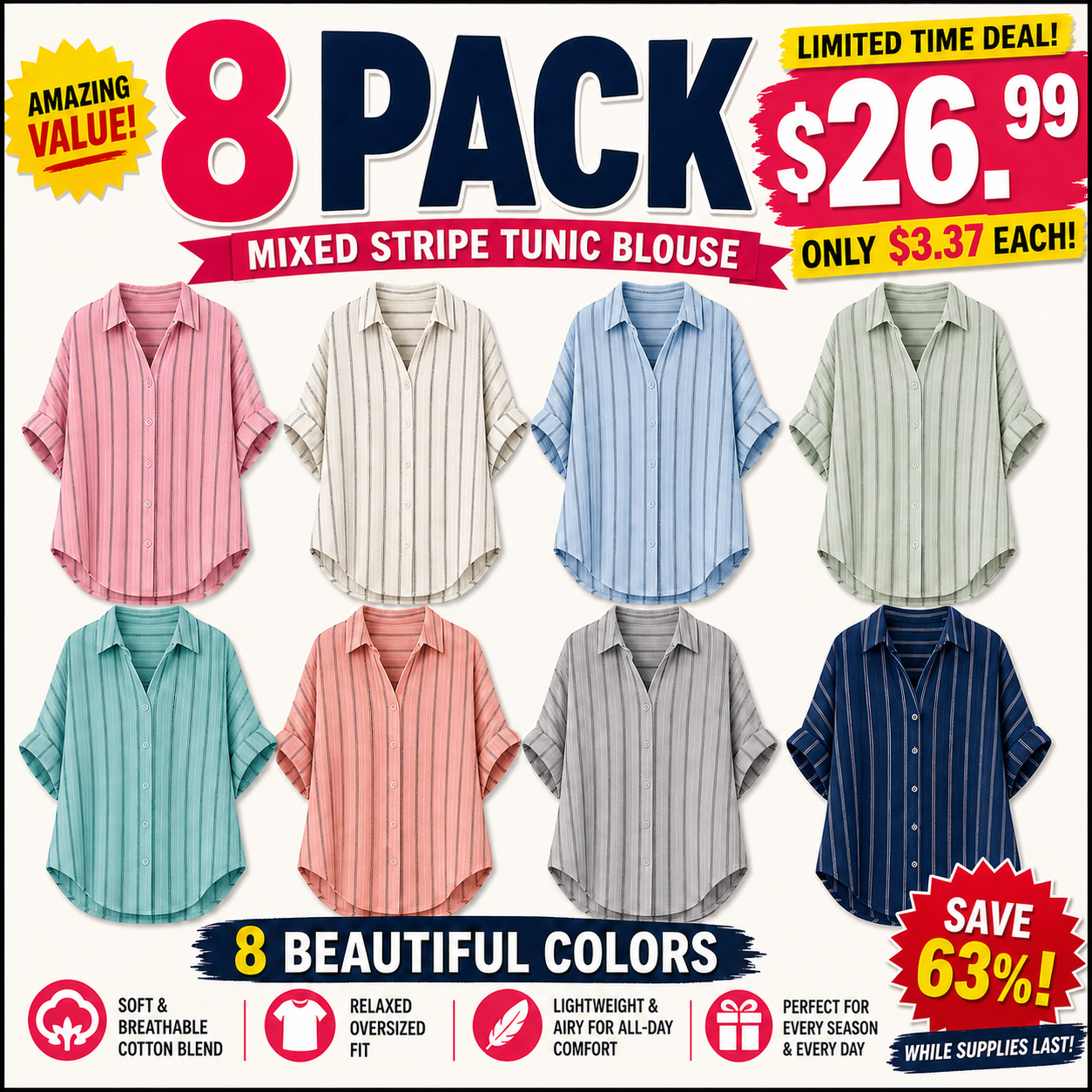 Limited Deal 8-Pack Women's Cotton Linen Stripe Button-Front Tunic Blouses