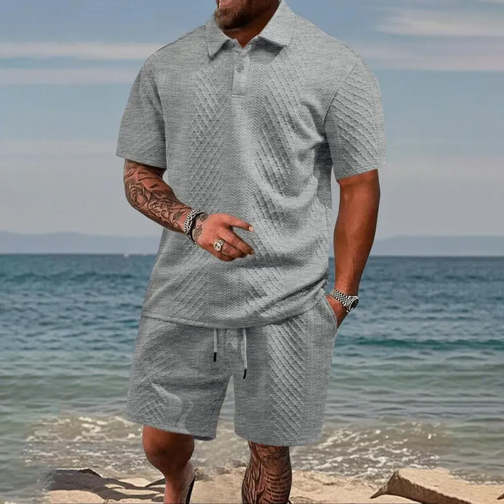 ⚡FINAL SALE⚡Men's Solid Polo Shirt & Drawstring Waist Shorts Set