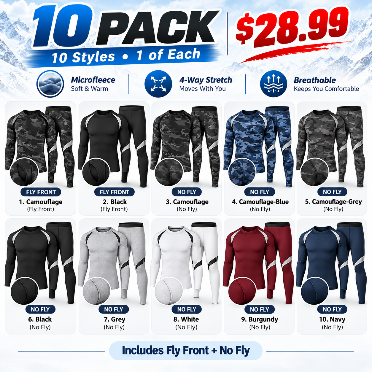 10PACK all 10 styles - Regular - 10 matching thermal tops and bottoms