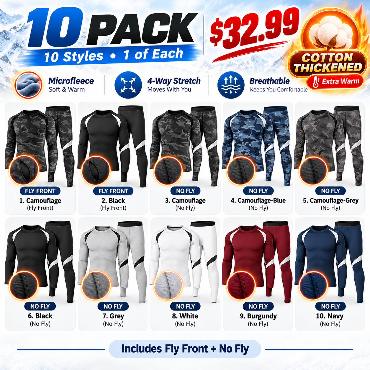 10PACK all 10 styles - Cotton-Thickened - 10 matching thermal tops and bottoms