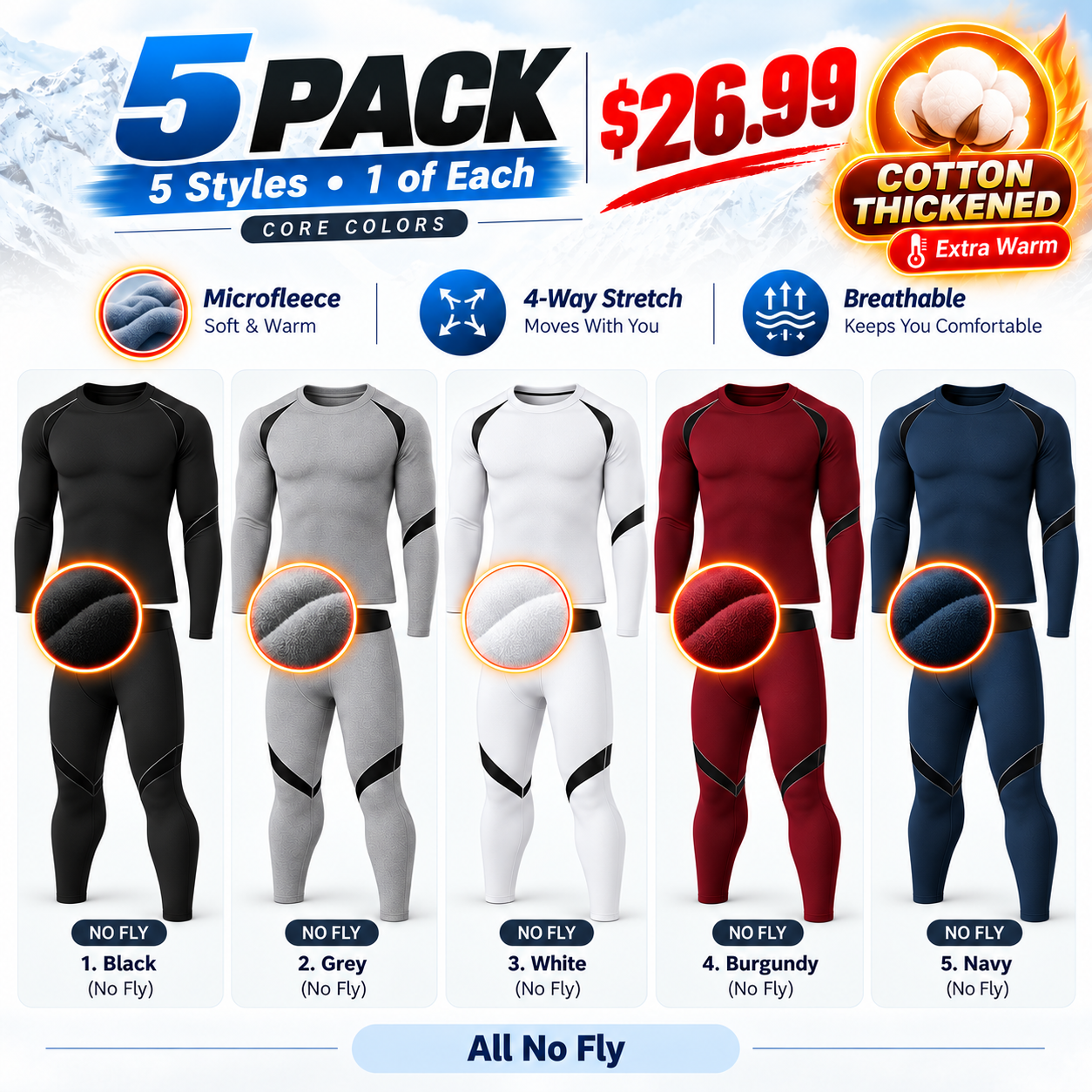 5PACK Core Colors - Cotton-Thickened - five complete thermal sets