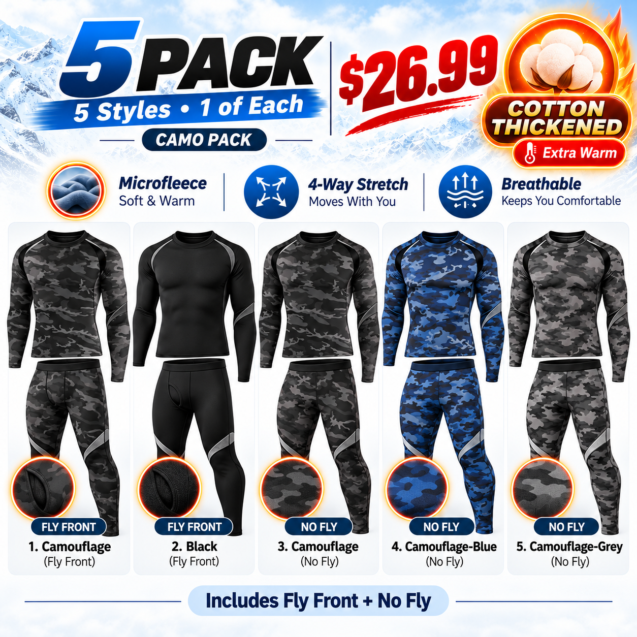 5PACK Camo Pack - Cotton-Thickened - five complete thermal sets