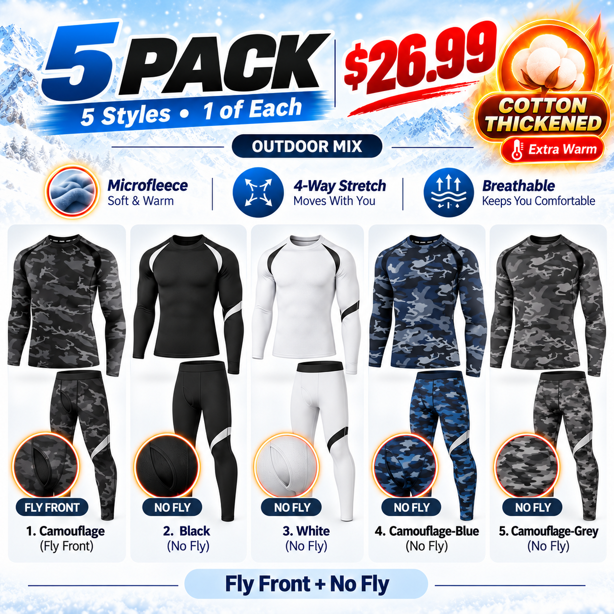5PACK Outdoor Mix - Cotton-Thickened - five complete thermal sets