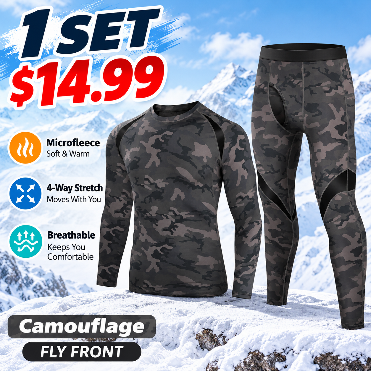 Camouflage (Fly Front) - Regular - men’s long-sleeve thermal top and matching pants
