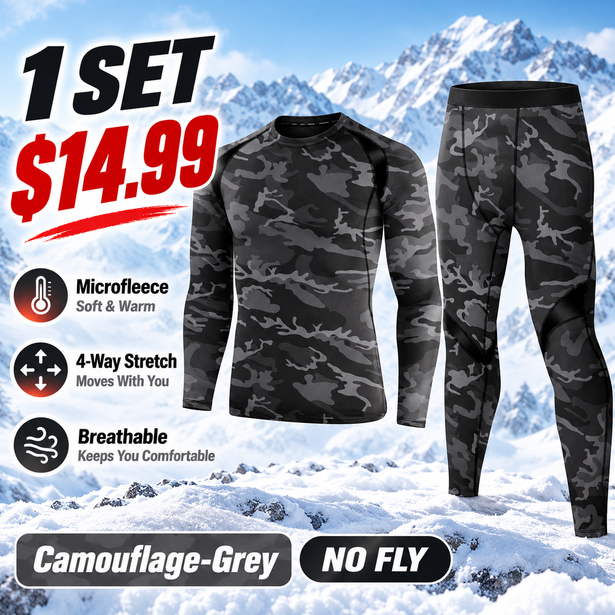Camouflage-Grey (No Fly) - Regular - men’s long-sleeve thermal top and matching pants