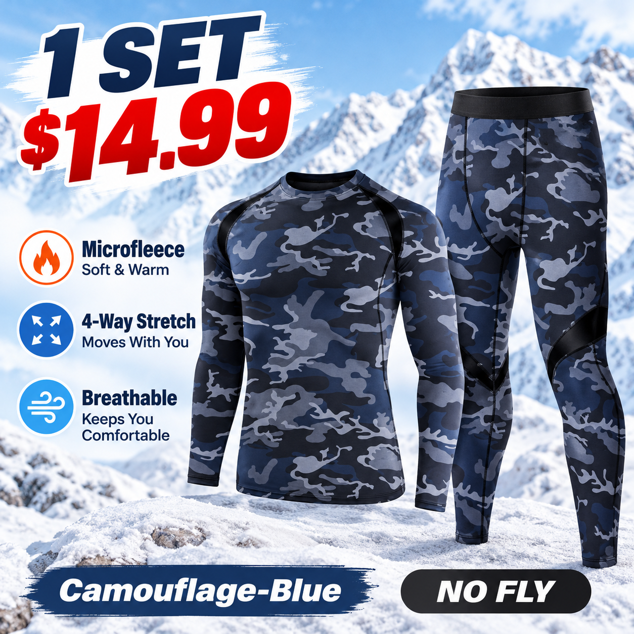 Camouflage-Blue (No Fly) - Regular - men’s long-sleeve thermal top and matching pants