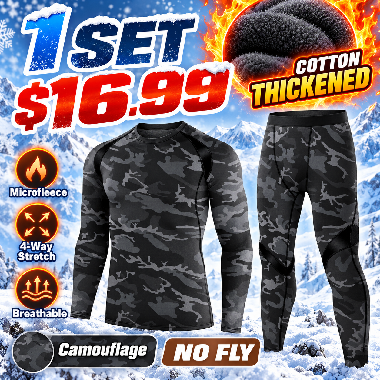Camouflage (No Fly) - Cotton-Thickened - men’s long-sleeve thermal top and matching pants