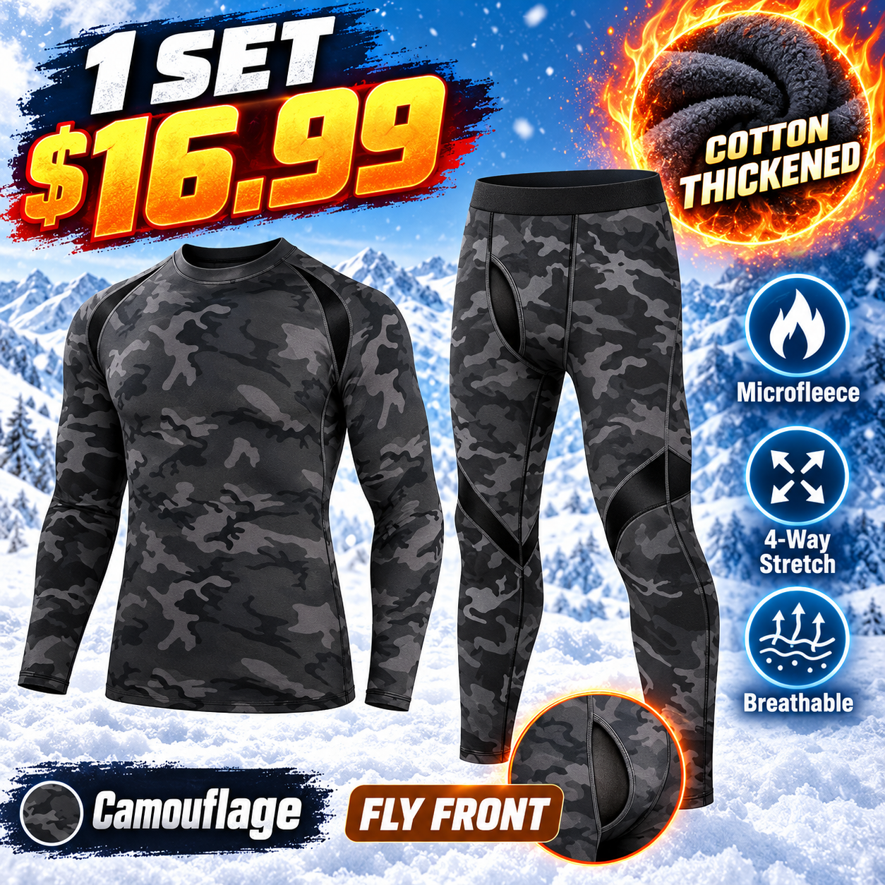 Camouflage (Fly Front) - Cotton-Thickened - men’s long-sleeve thermal top and matching pants
