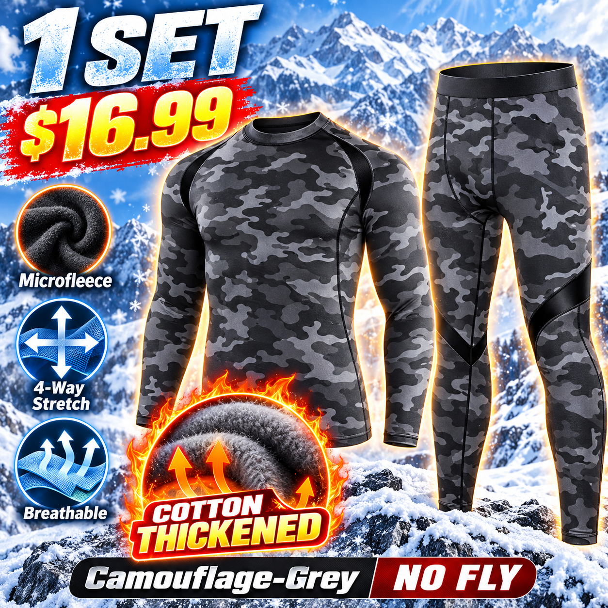 Camouflage-Grey (No Fly) - Cotton-Thickened - men’s long-sleeve thermal top and matching pants
