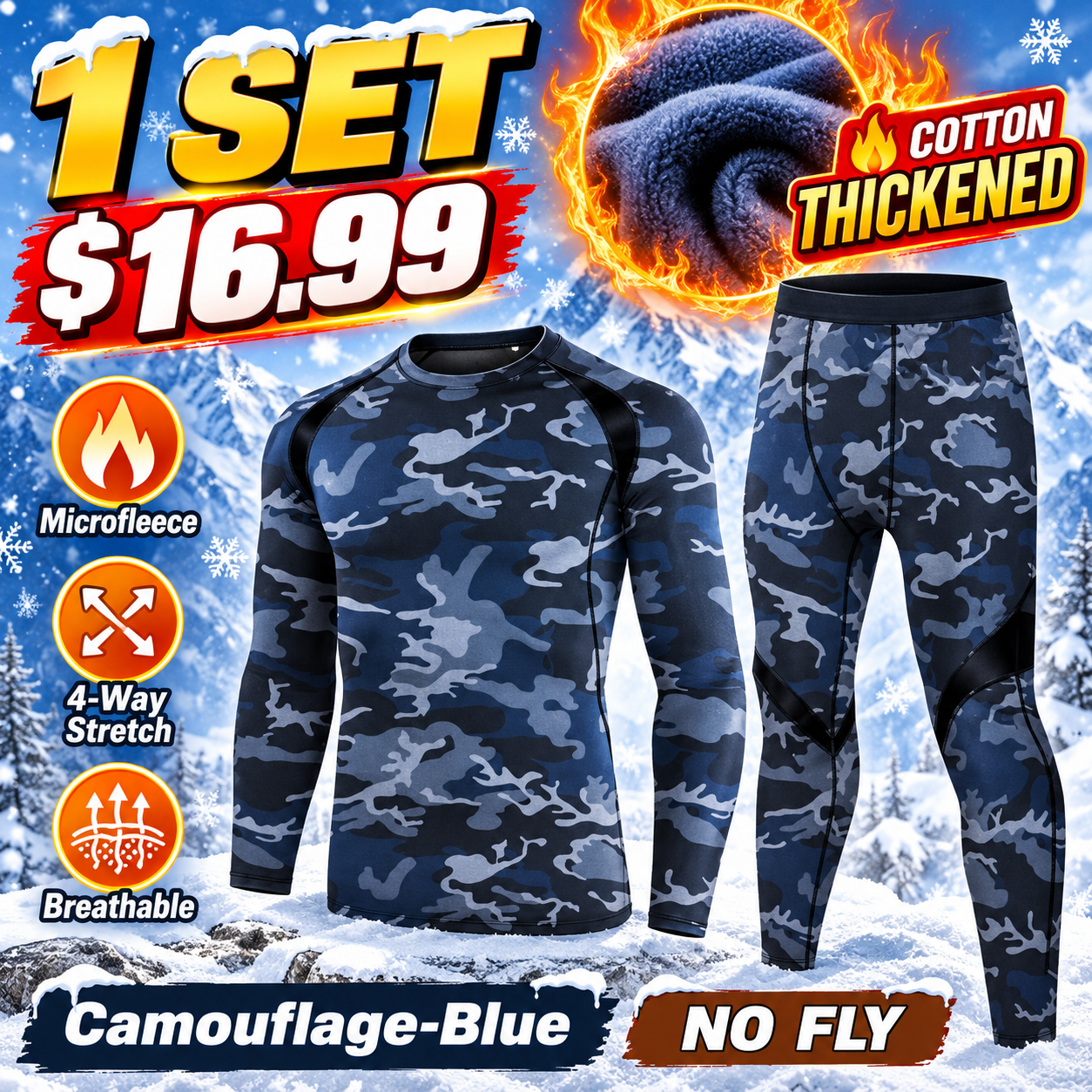 Camouflage-Blue (No Fly) - Cotton-Thickened - men’s long-sleeve thermal top and matching pants