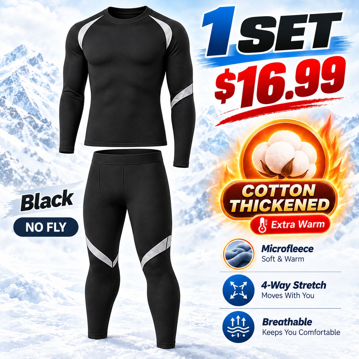 Black (No Fly) - Cotton-Thickened - men’s long-sleeve thermal top and matching pants