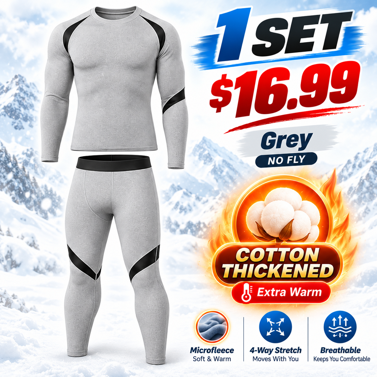 Grey (No Fly) - Cotton-Thickened - men’s long-sleeve thermal top and matching pants