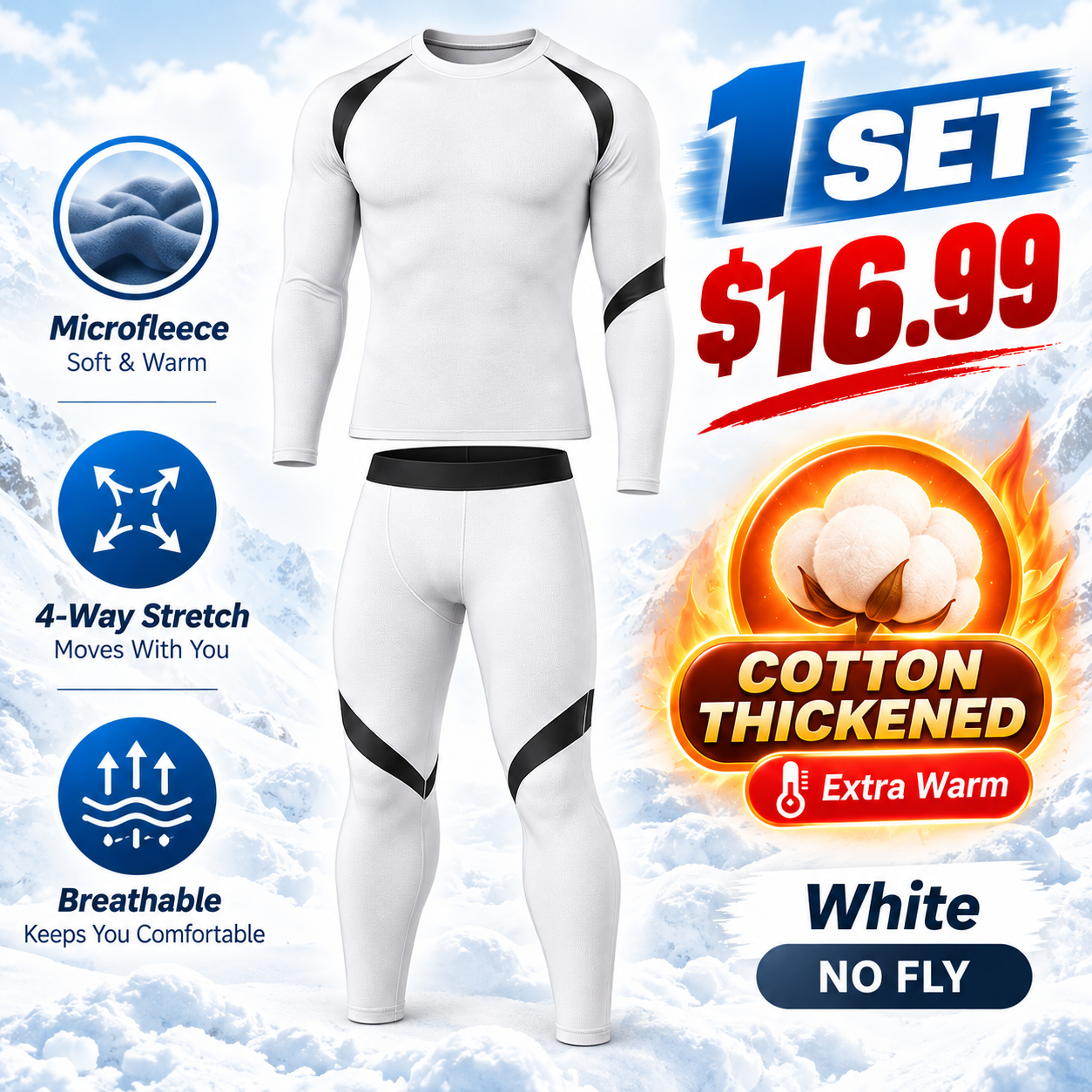 White (No Fly) - Cotton-Thickened - men’s long-sleeve thermal top and matching pants