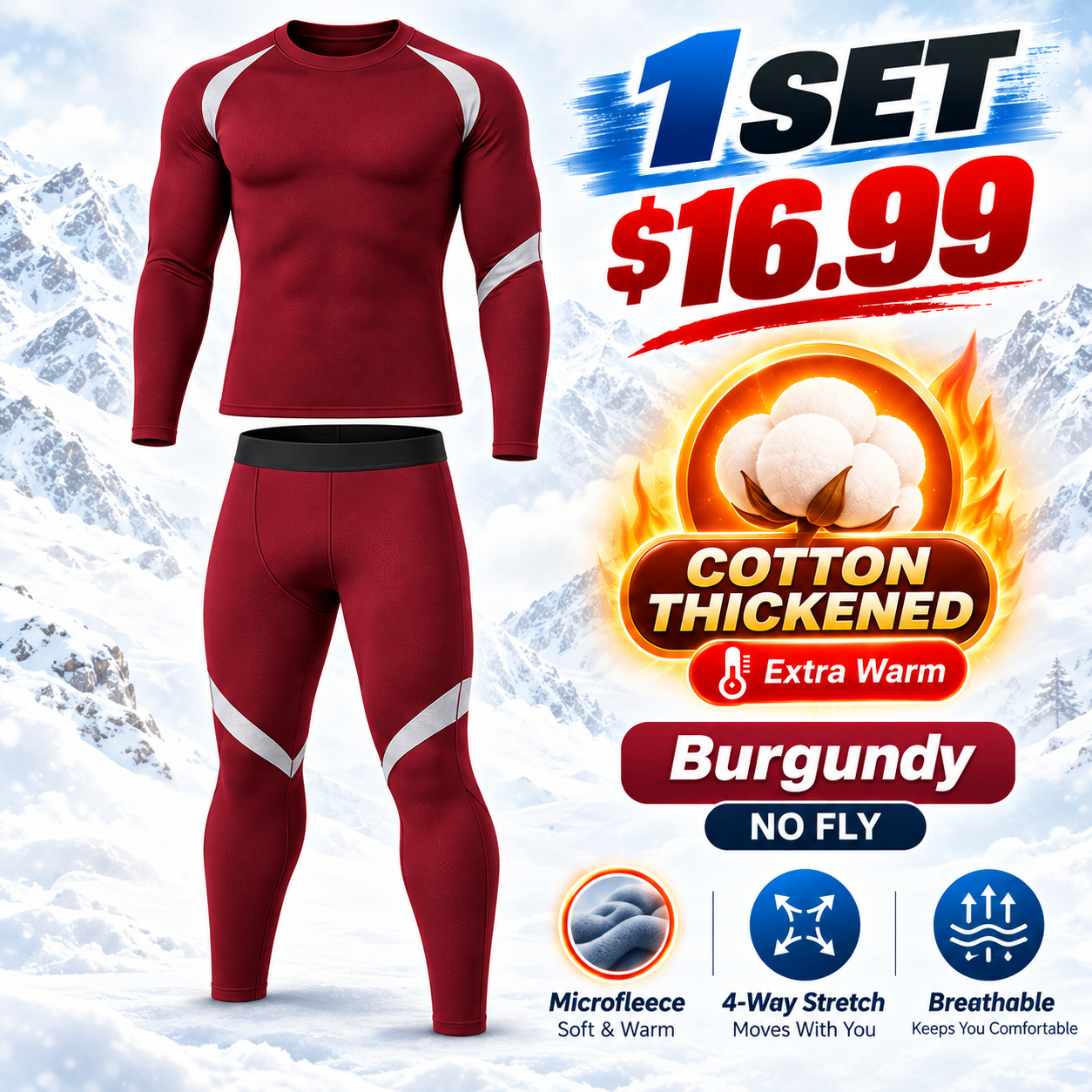 Burgundy (No Fly) - Cotton-Thickened - men’s long-sleeve thermal top and matching pants