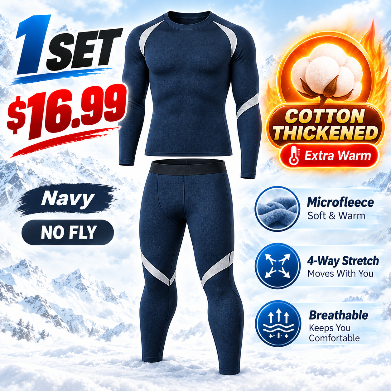 Navy (No Fly) - Cotton-Thickened - men’s long-sleeve thermal top and matching pants