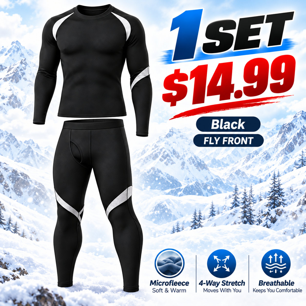 Black (Fly Front) - Regular - men’s long-sleeve thermal top and matching pants