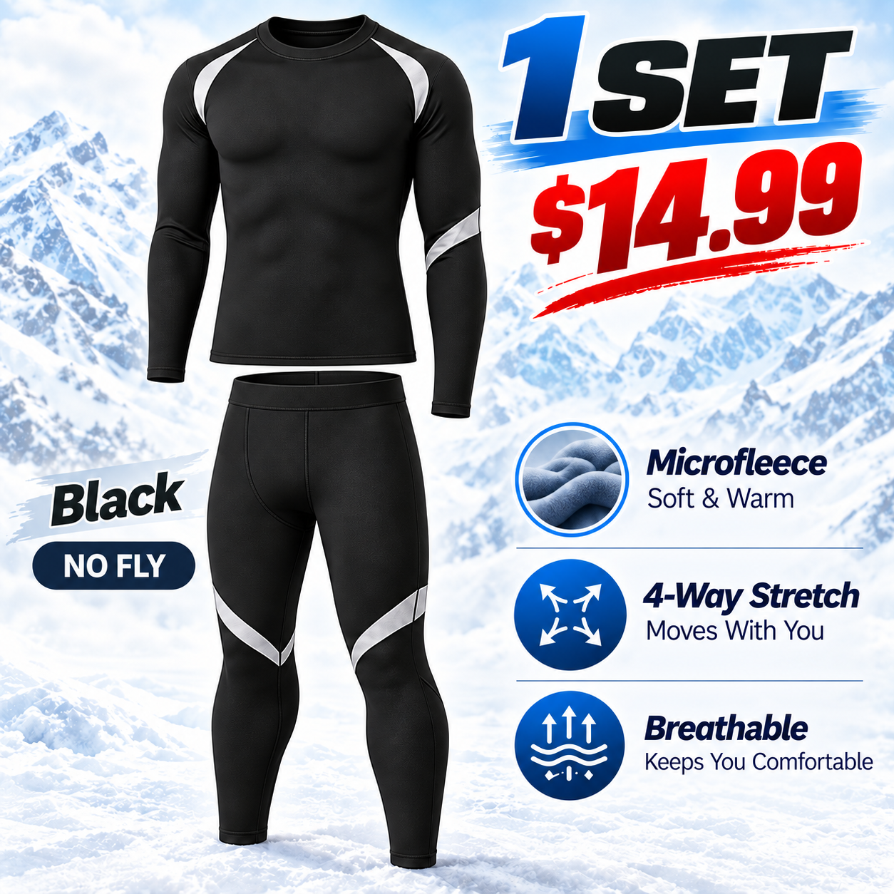 Black (No Fly) - Regular - men’s long-sleeve thermal top and matching pants