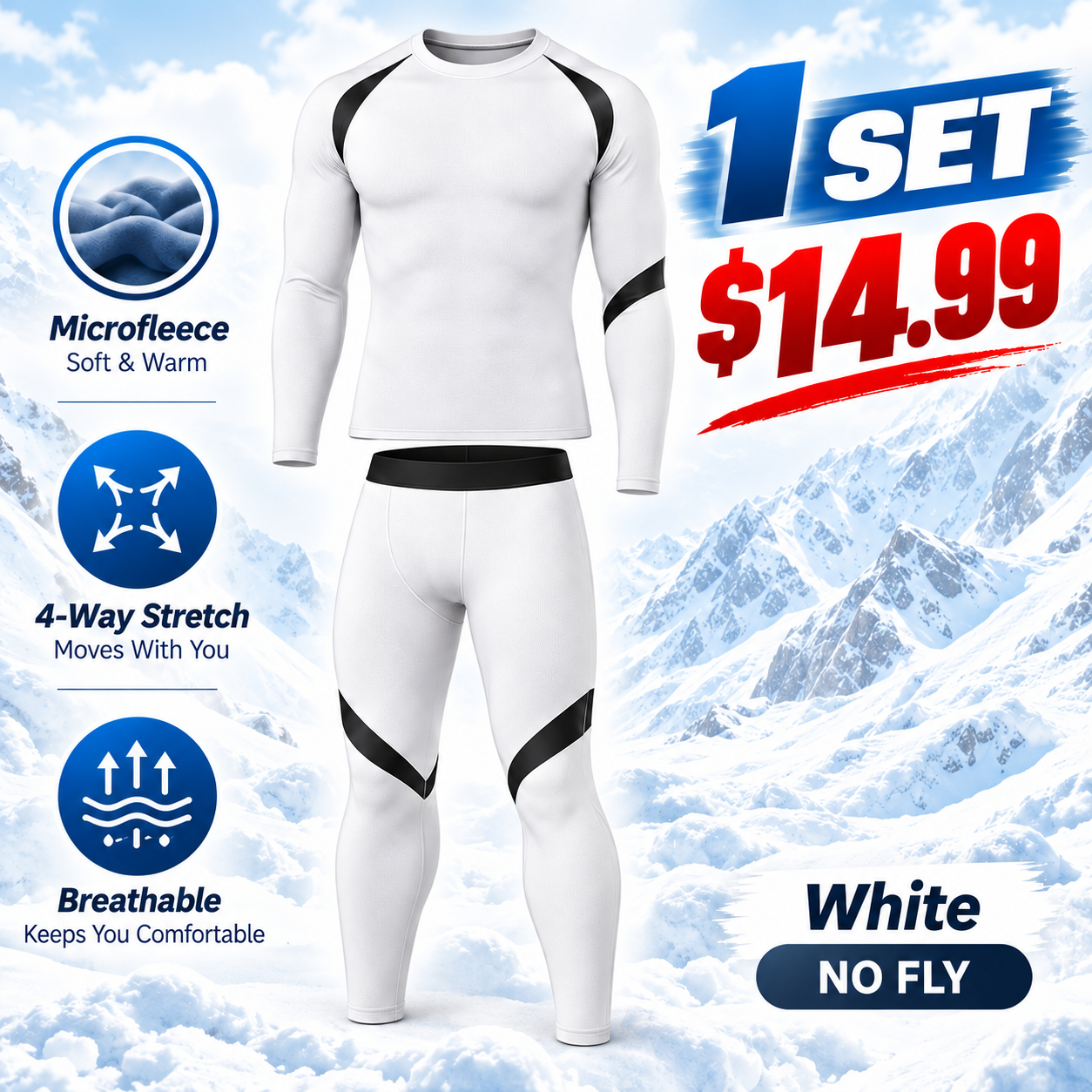 White (No Fly) - Regular - men’s long-sleeve thermal top and matching pants