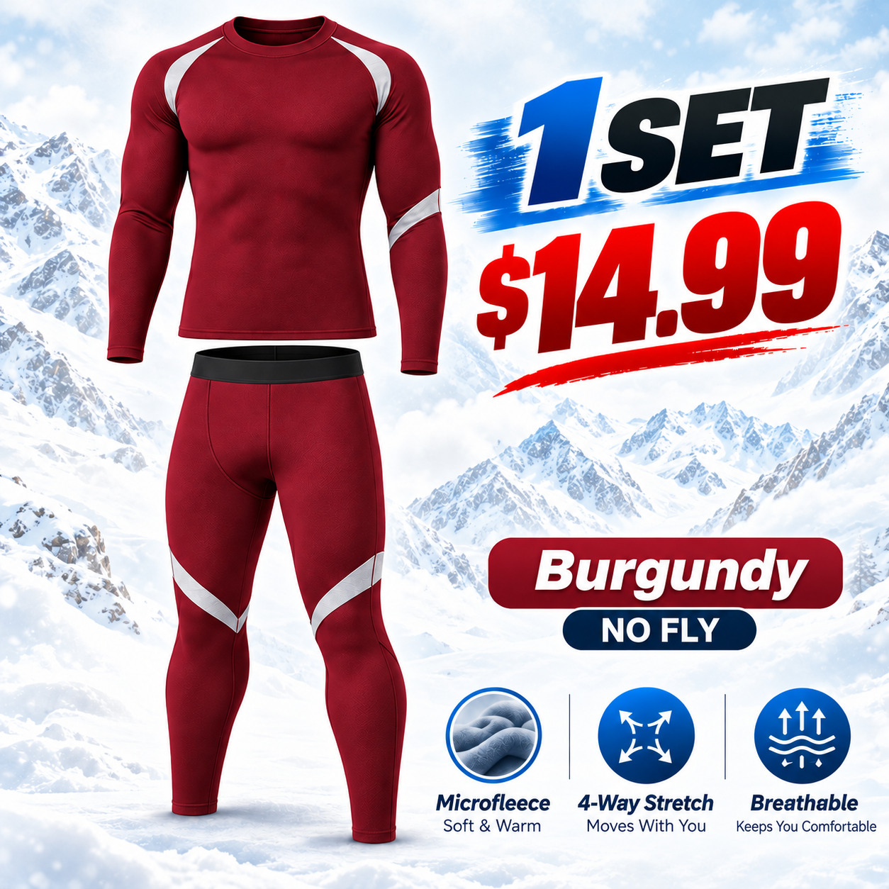 Burgundy (No Fly) - Regular - men’s long-sleeve thermal top and matching pants
