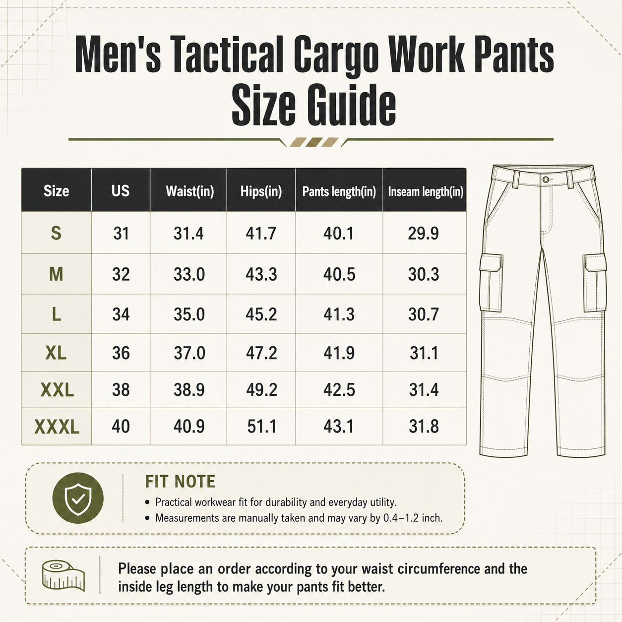 Men's tactical cargo work pants size guide