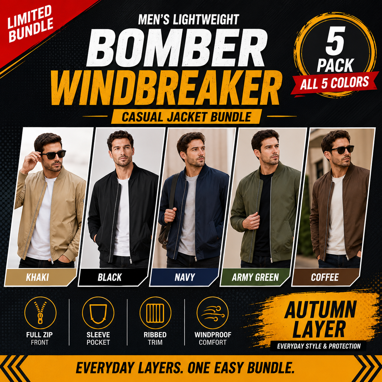 Men's Lightweight Bomber Windbreaker Jacket 