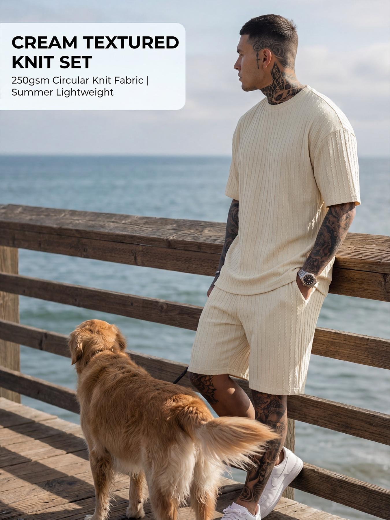 Men&rsquo;s Loose Fit 2-Piece Summer Set, Oversized Textured Tee with Relaxed Fit Drawstring Shorts
