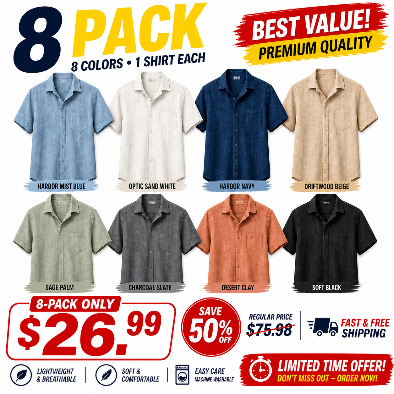 Limited Deal 8-Pack Men's Lightweight Textured Short Sleeve Button-Front Pocket Shirts